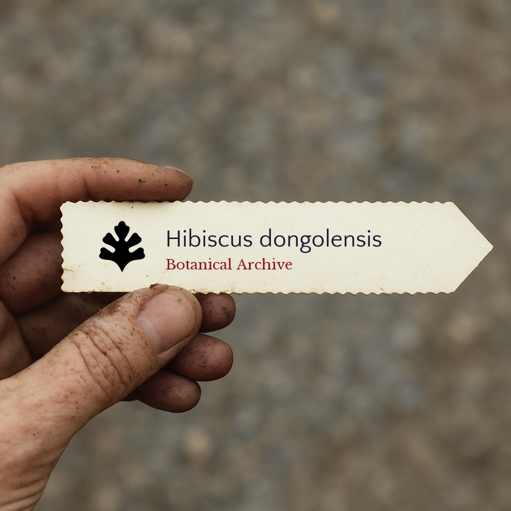 Printed plant label for Hibiscus dongolensis held by hand with dirt background