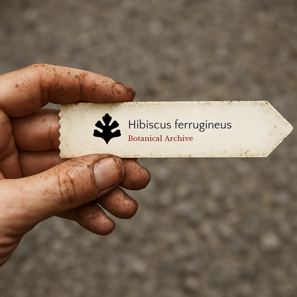 Printed plant label for Hibiscus ferrugineus held by dirty hand outdoors