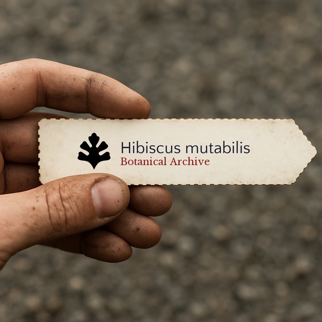 Printed plant label for Hibiscus mutabilis held by dirty hand outdoors