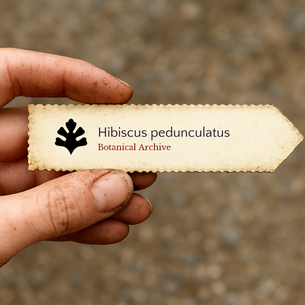 Vintage botanical archive plant label for Hibiscus pedunculatus held in hand