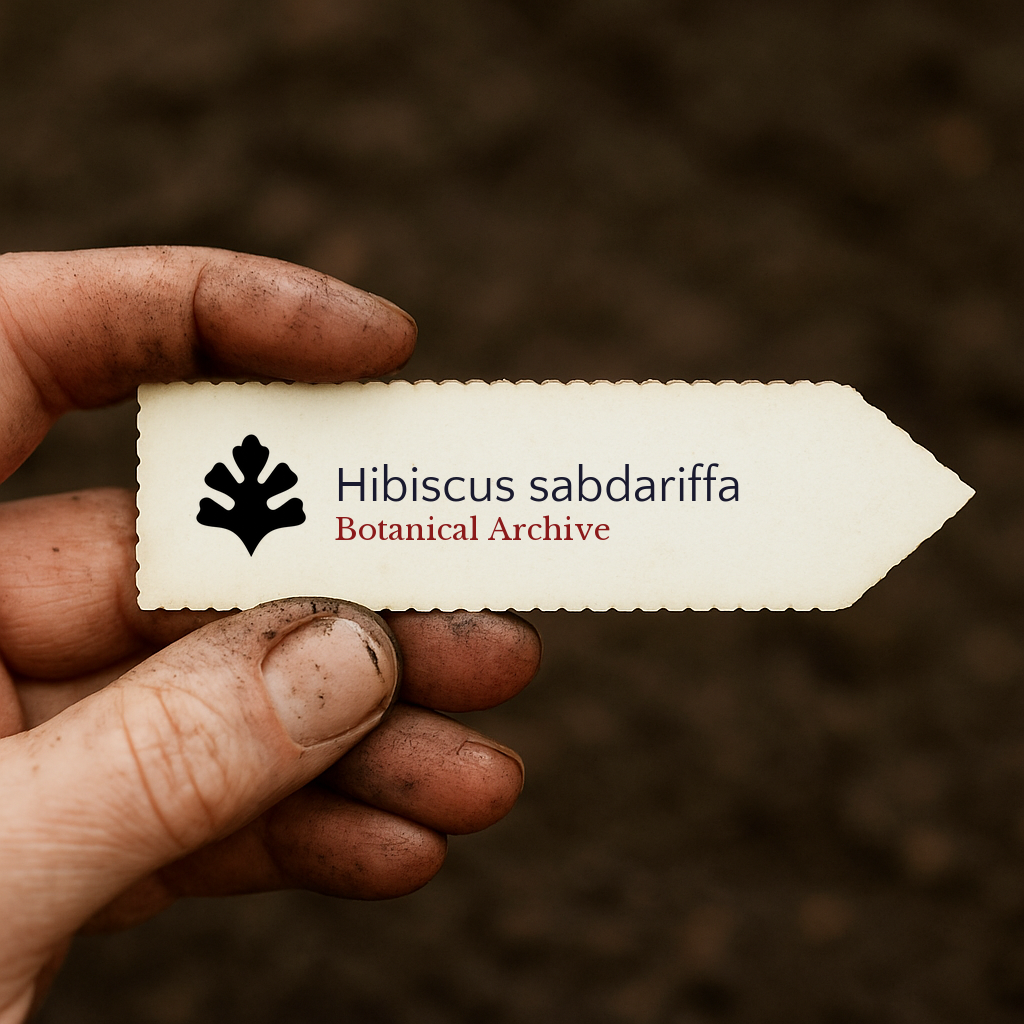 Printed plant label for Hibiscus sabdariffa held by dirty hand over soil background