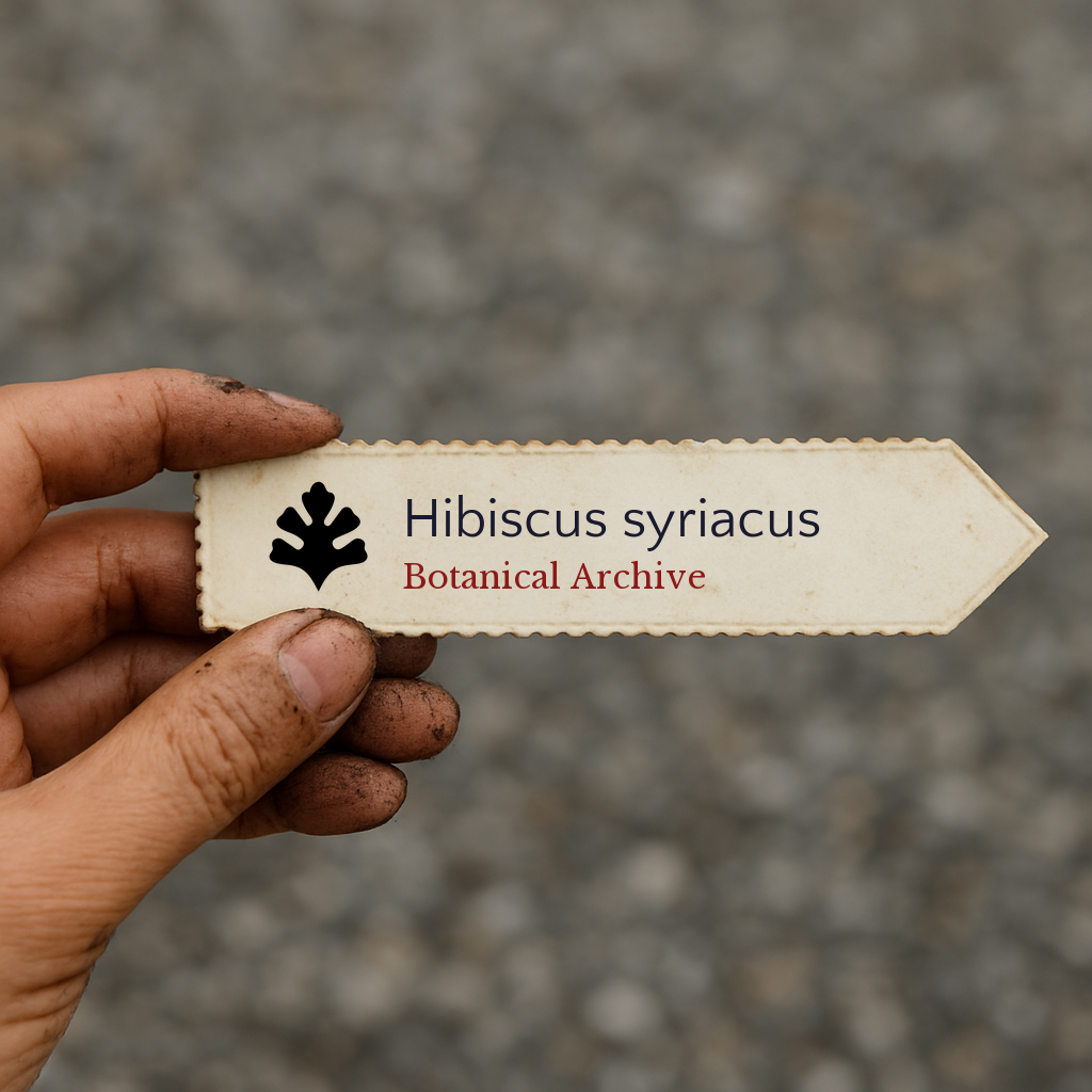Printed plant label for Hibiscus syriacus held by hand with soil-stained fingers