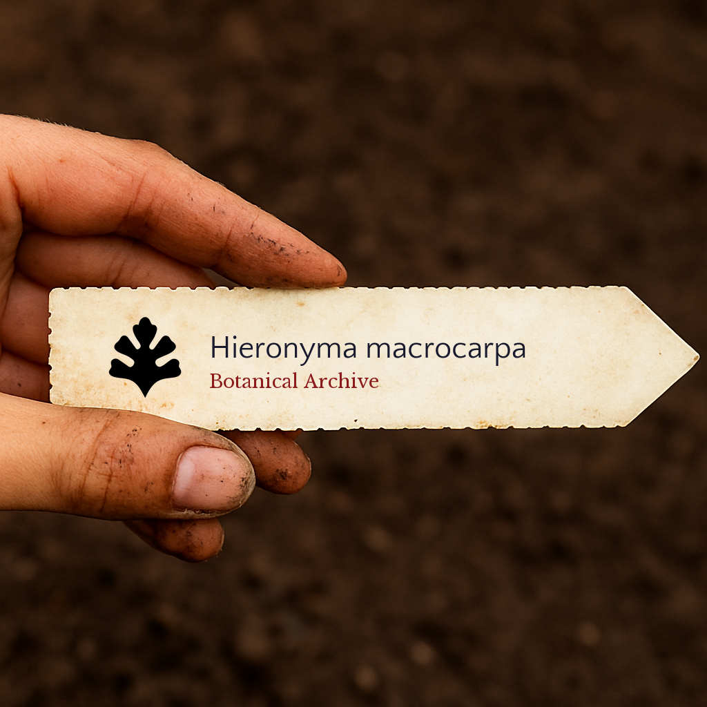 Printed plant label for Hieronyma macrocarpa held by dirty hand over soil background