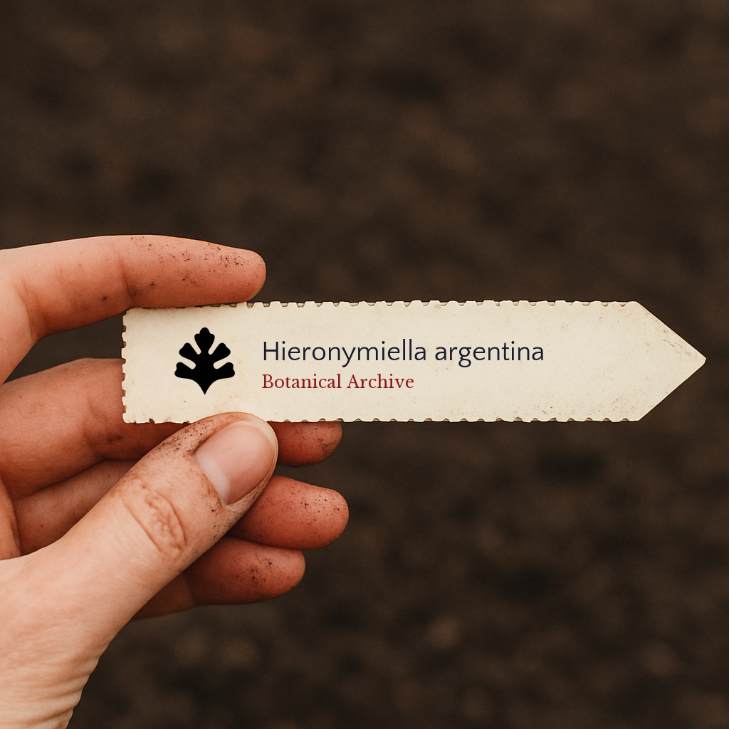 Printed plant label for Hieronymiella argentina held by hand over soil background