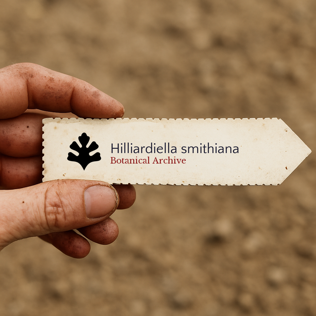 Printed plant label for Hilliardiella smithiana held by hand over soil background