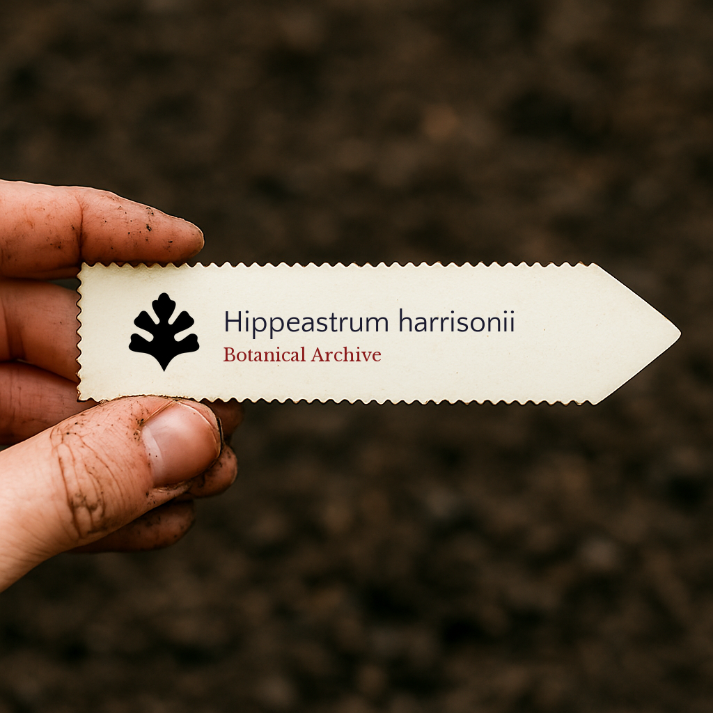 Printed plant label for Hippeastrum harrisonii held by hand with soil background