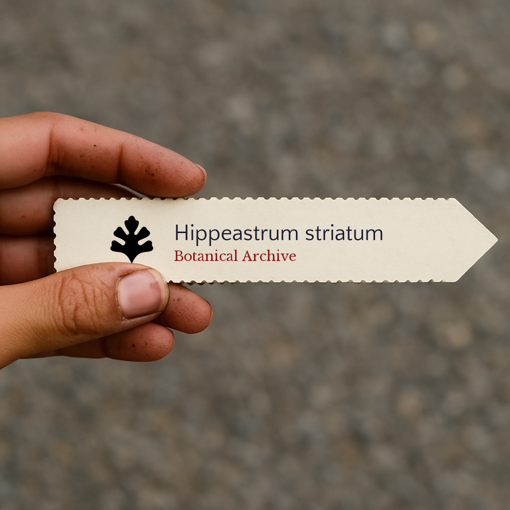 Printed plant label for Hippeastrum striatum held by hand with blurred background