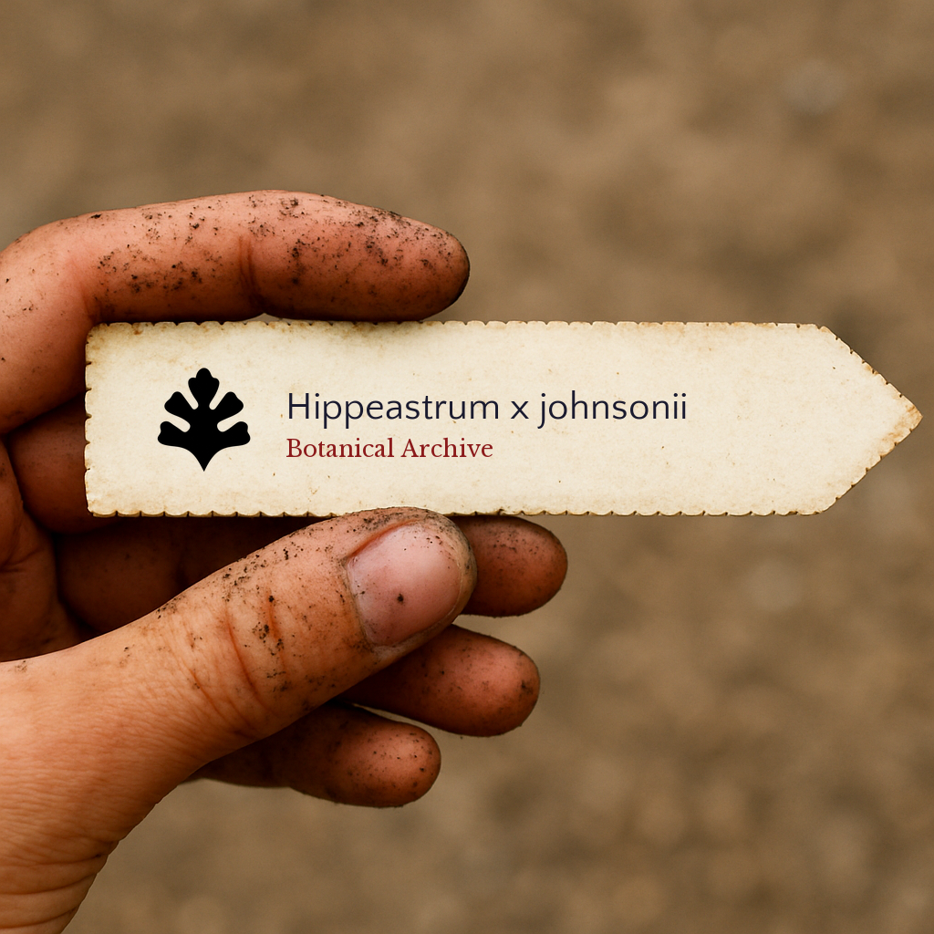 Printed plant label for Hippeastrum x johnsonii held by dirty hand outdoors