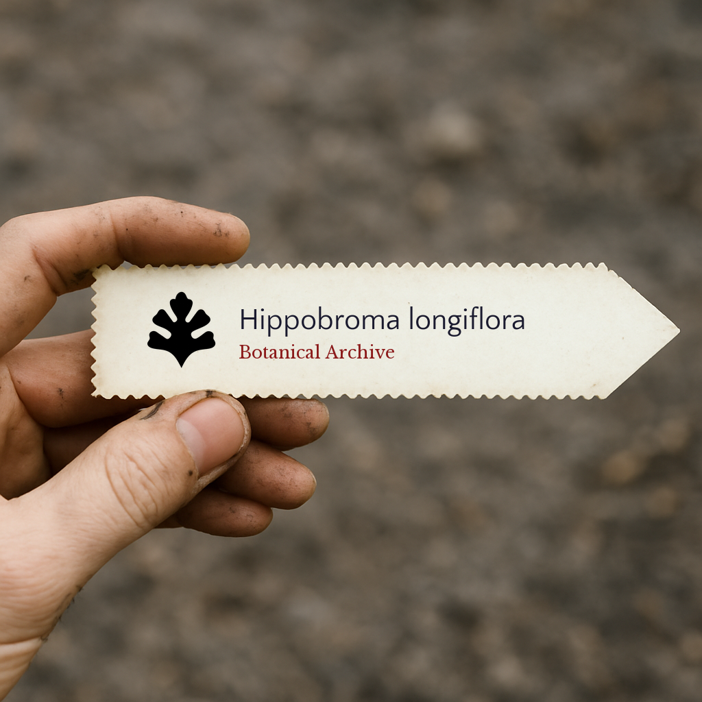 Printed plant label for Hippobroma longiflora held by dirty hand over soil background