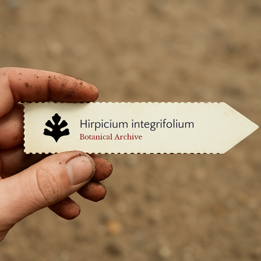 Plant label for Hirpicium integrifolium with botanical archive logo held by dirty hand