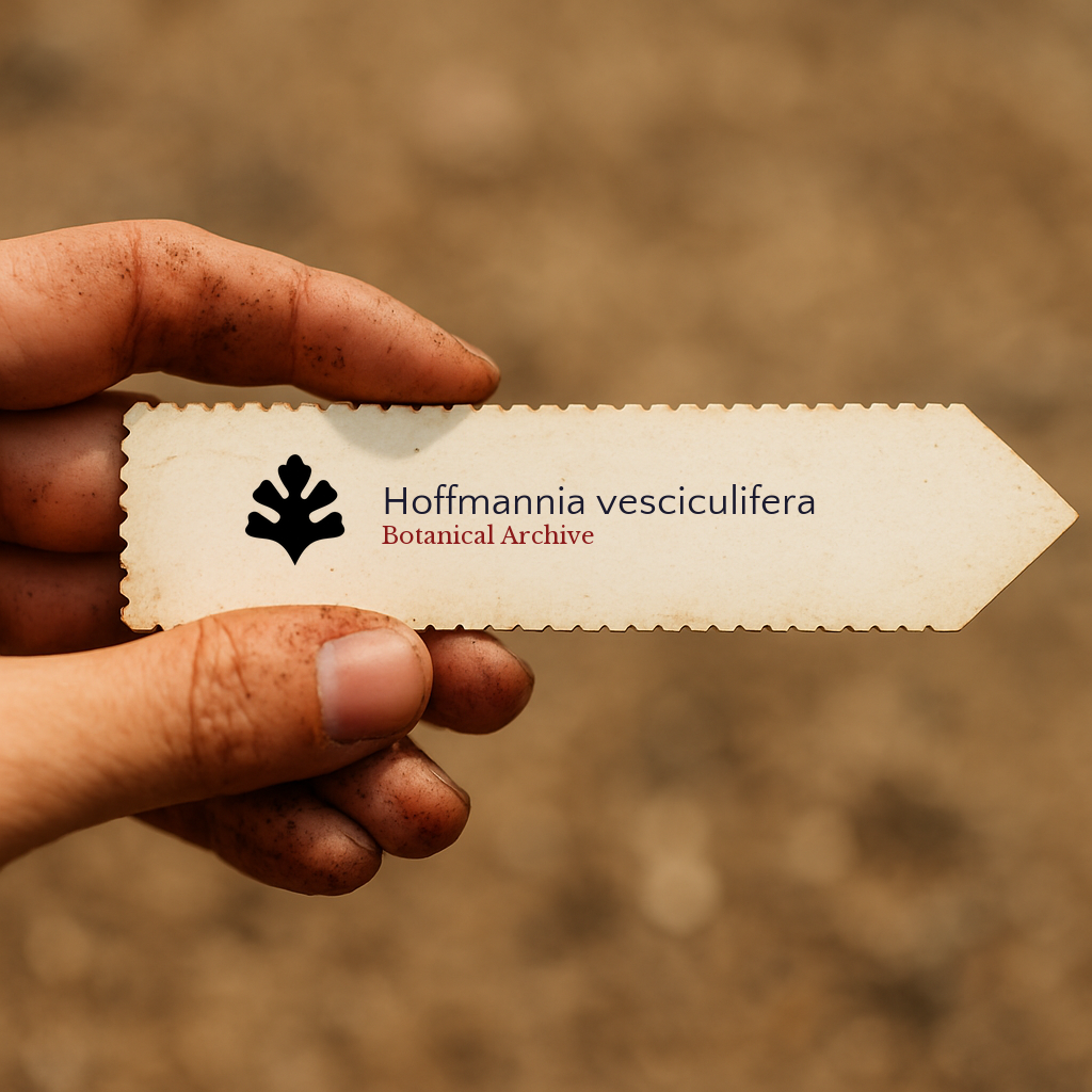 Printed plant label for Hoffmannia vesciculifera held by dirty hand outdoors