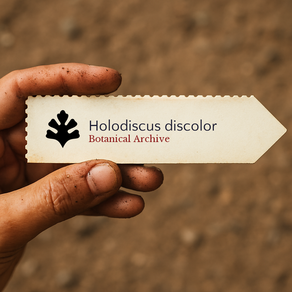 Printed plant label for Holodiscus discolor held by dirty hand over soil background