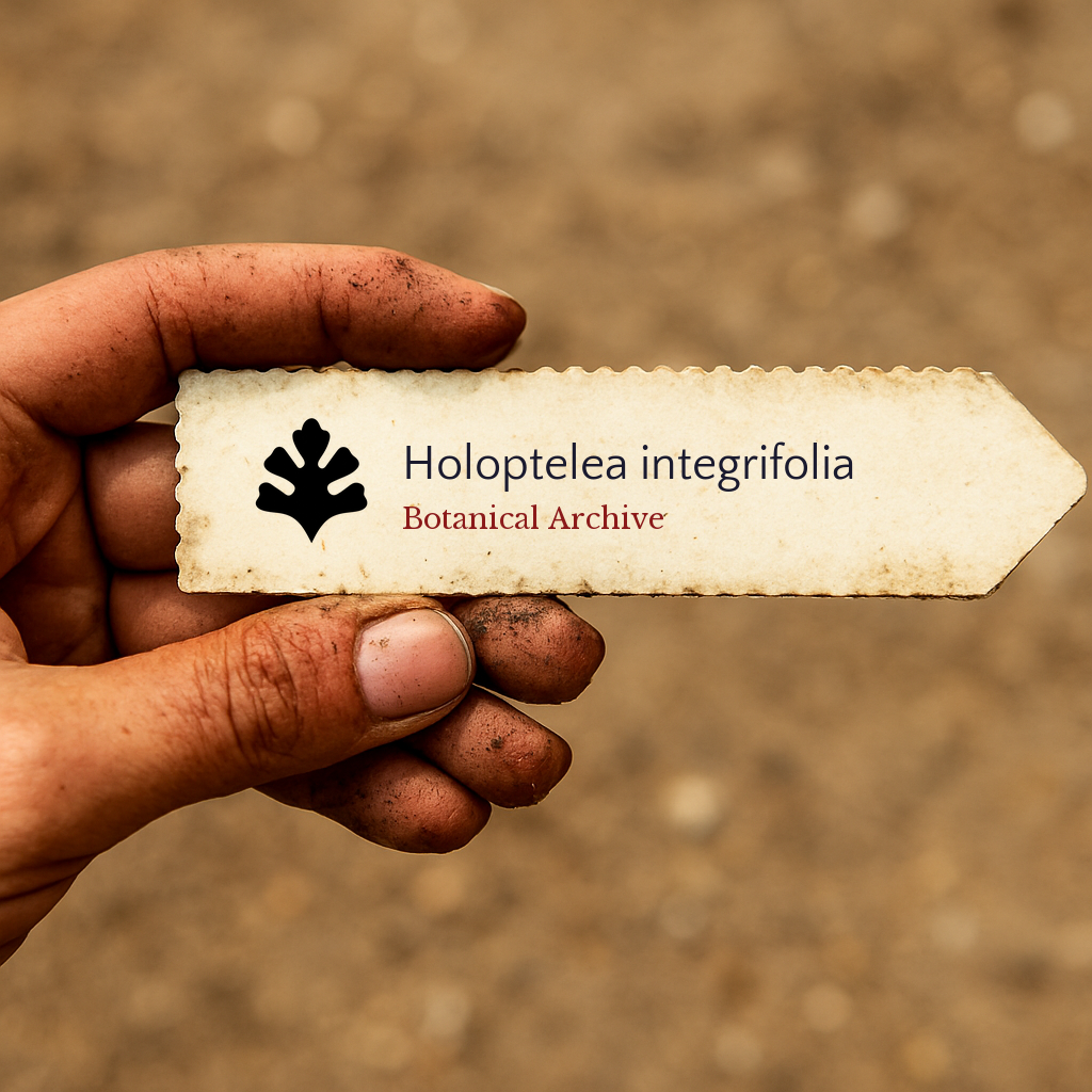 Printed plant label for Holoptelea integrifolia held by dirty hand outdoors
