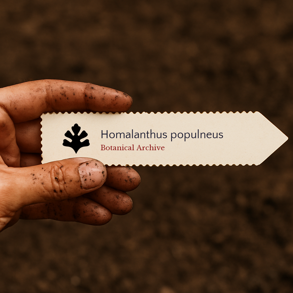 Printed plant label for Homalanthus populneus held by dirty hand over soil background