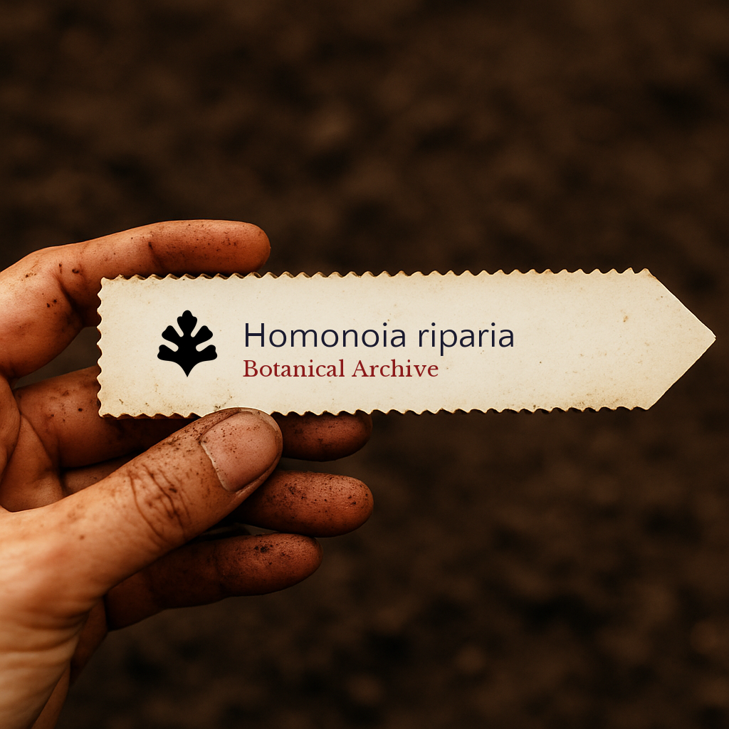 Printed plant label for Homonoia riparia held by dirty hand over soil background