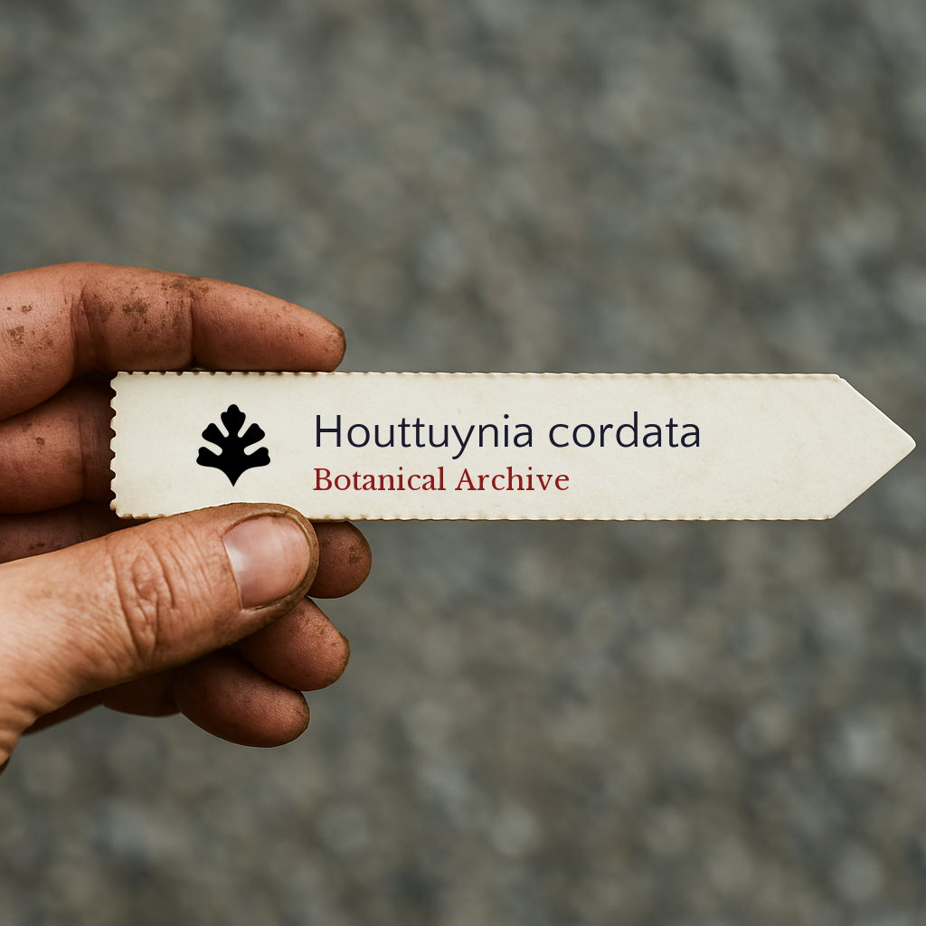 Printed plant label for Houttuynia cordata held by dirty hand outdoors