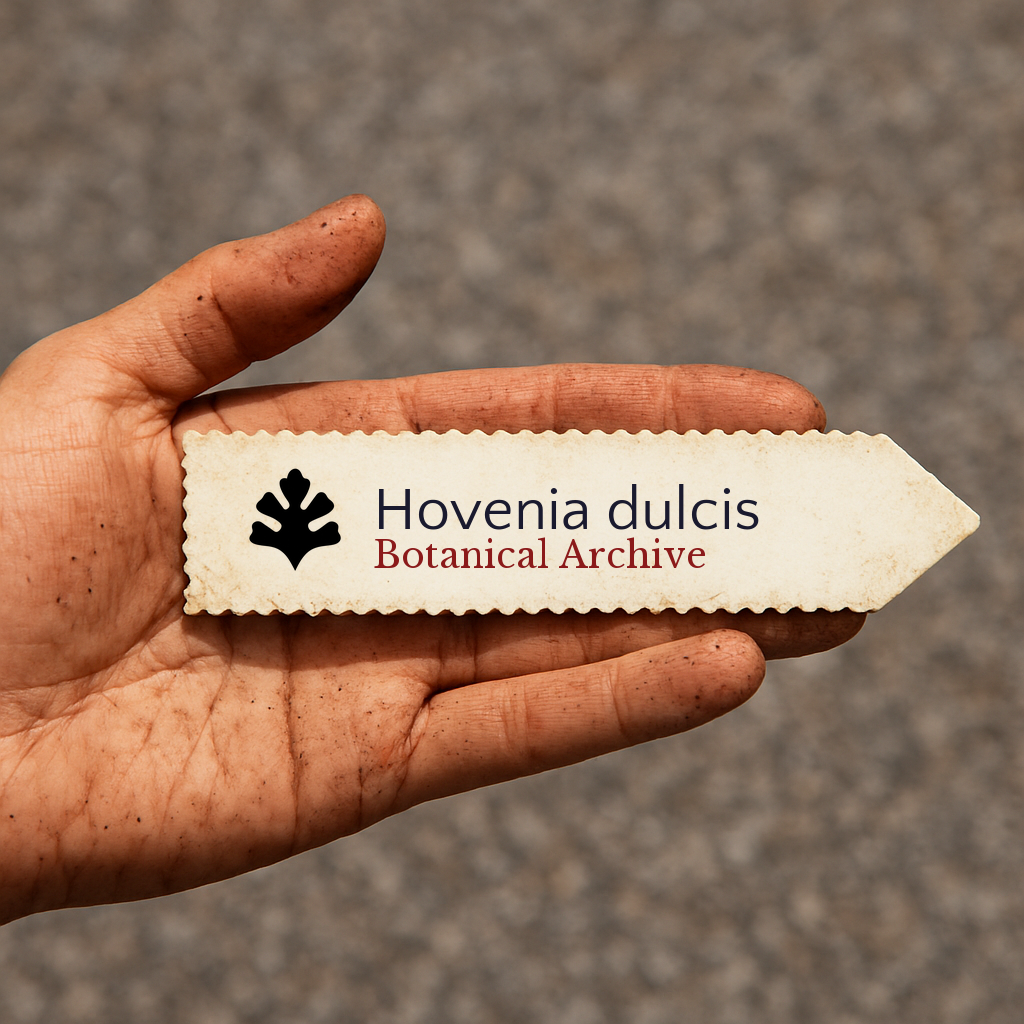 Printed plant label for Hovenia dulcis Botanical Archive held in hand