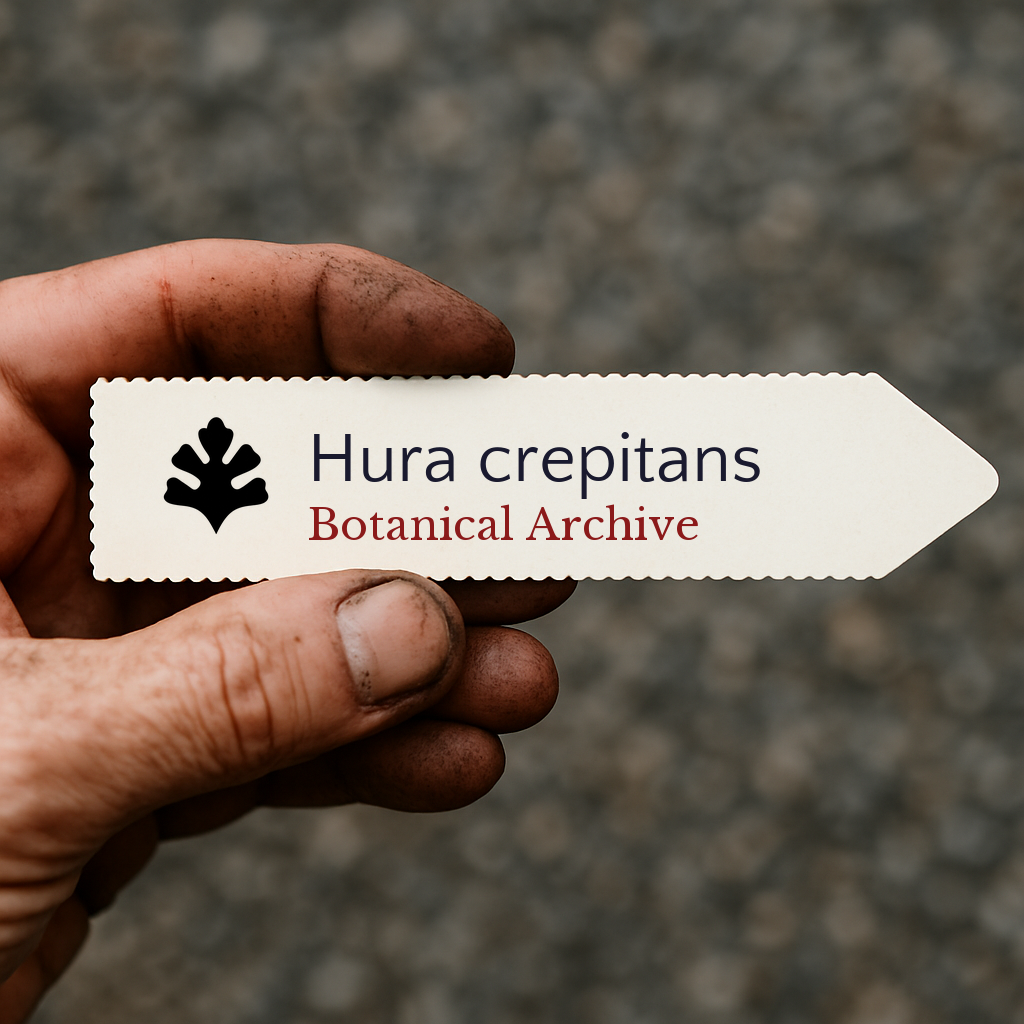 Printed plant label for Hura crepitans held by dirty hand outdoors