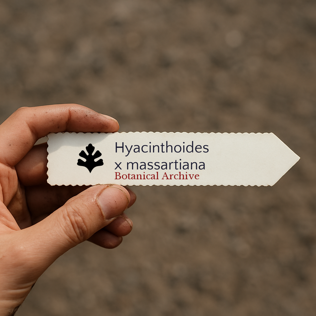 Printed plant label for Hyacinthoides x massartiana with botanical archive logo held by hand