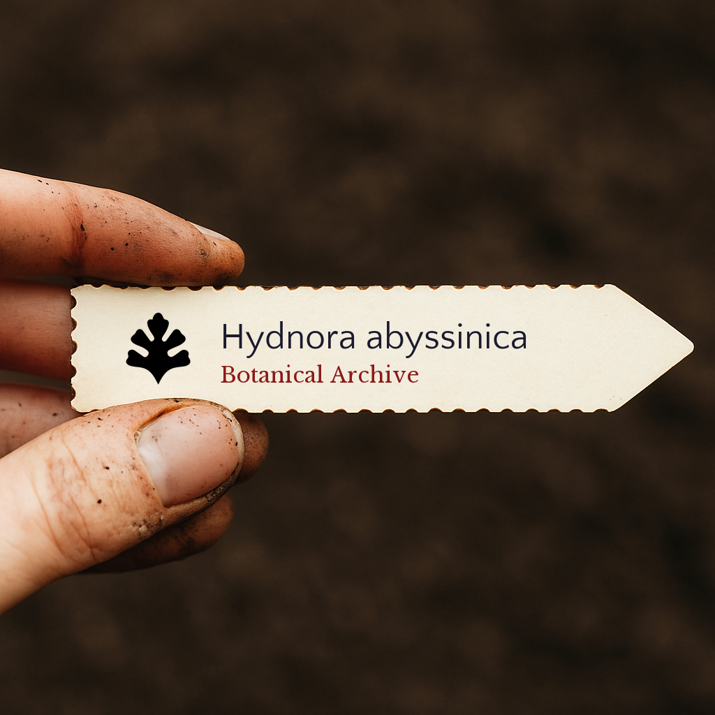 Printed plant label for Hydnora abyssinica held by dirty hand over soil background