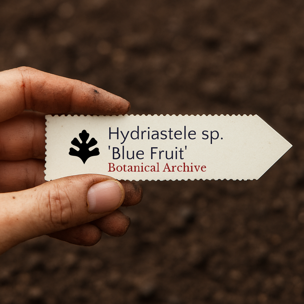 Printed plant label for Hydriastele sp. 'Blue Fruit' held over soil background