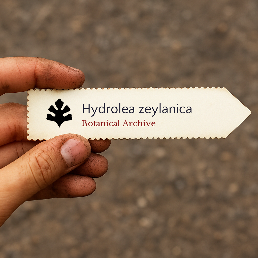Printed plant label for Hydrolea zeylanica with botanical archive logo held by dirty hand