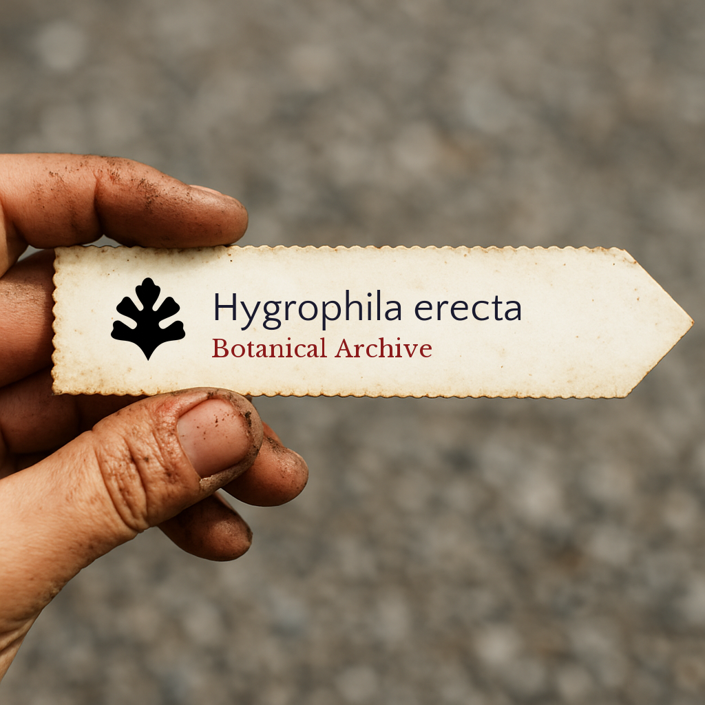 Vintage botanical archive label for Hygrophila erecta held by dirty hand