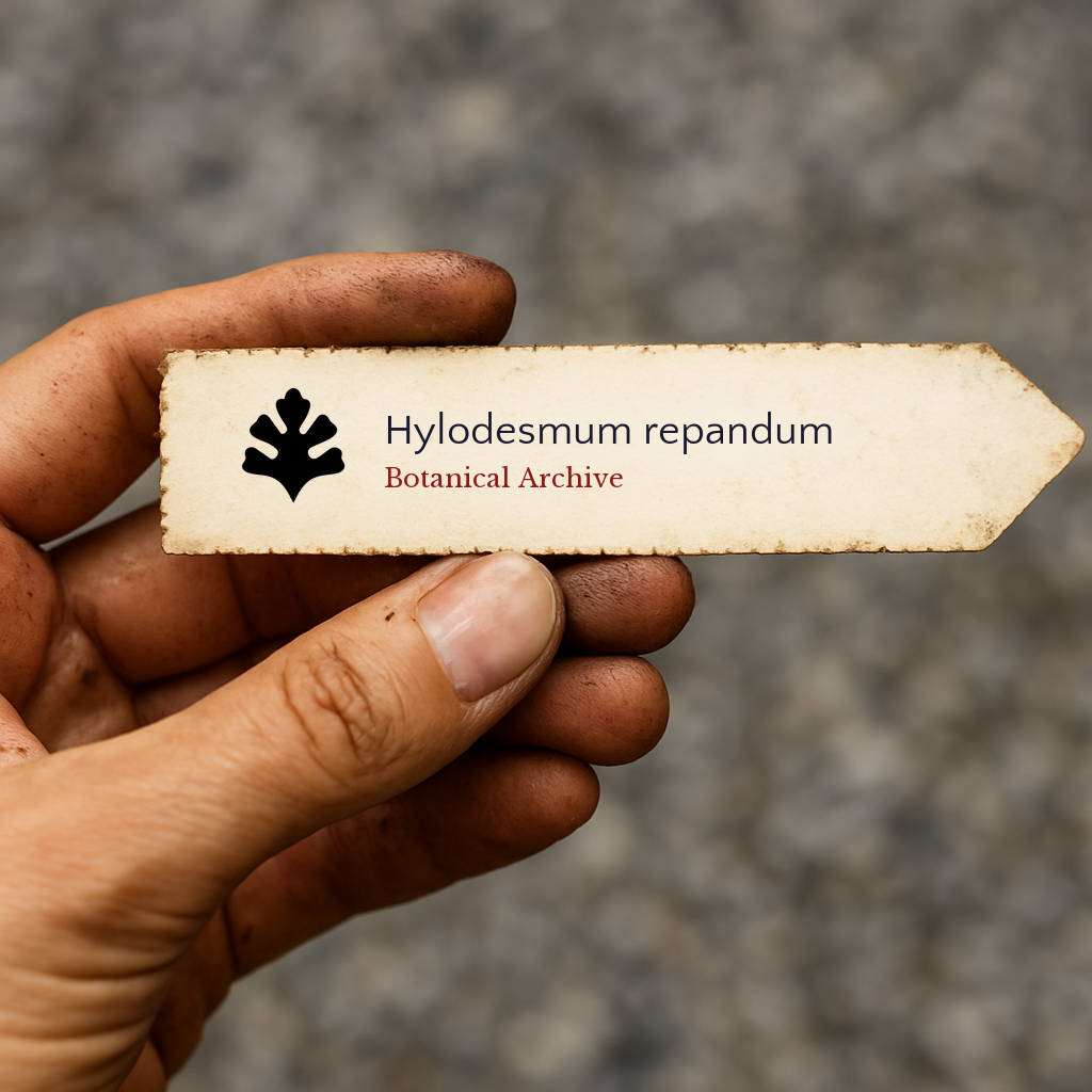 Printed plant label for Hylodesmum repandum held by hand with dirt on fingers
