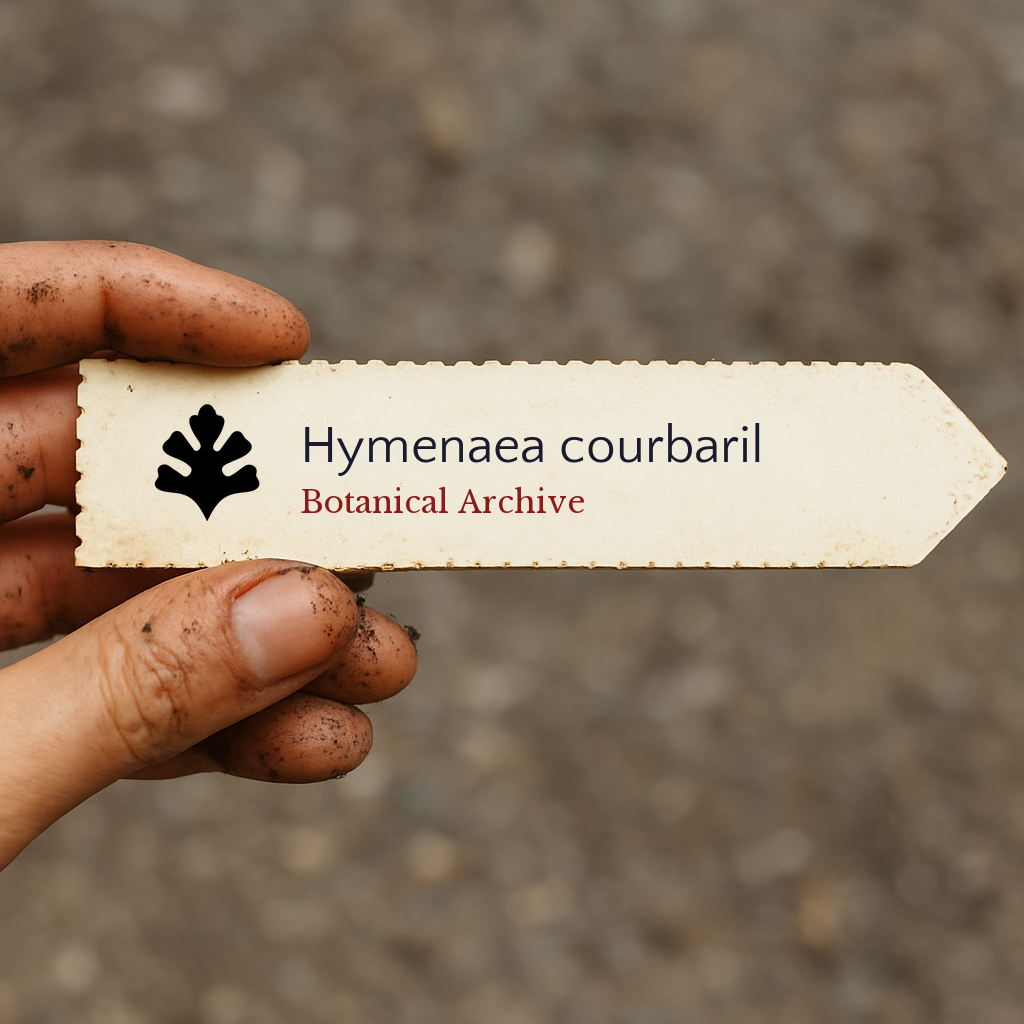 Printed plant label for Hymenaea courbaril with botanical archive logo held by hand