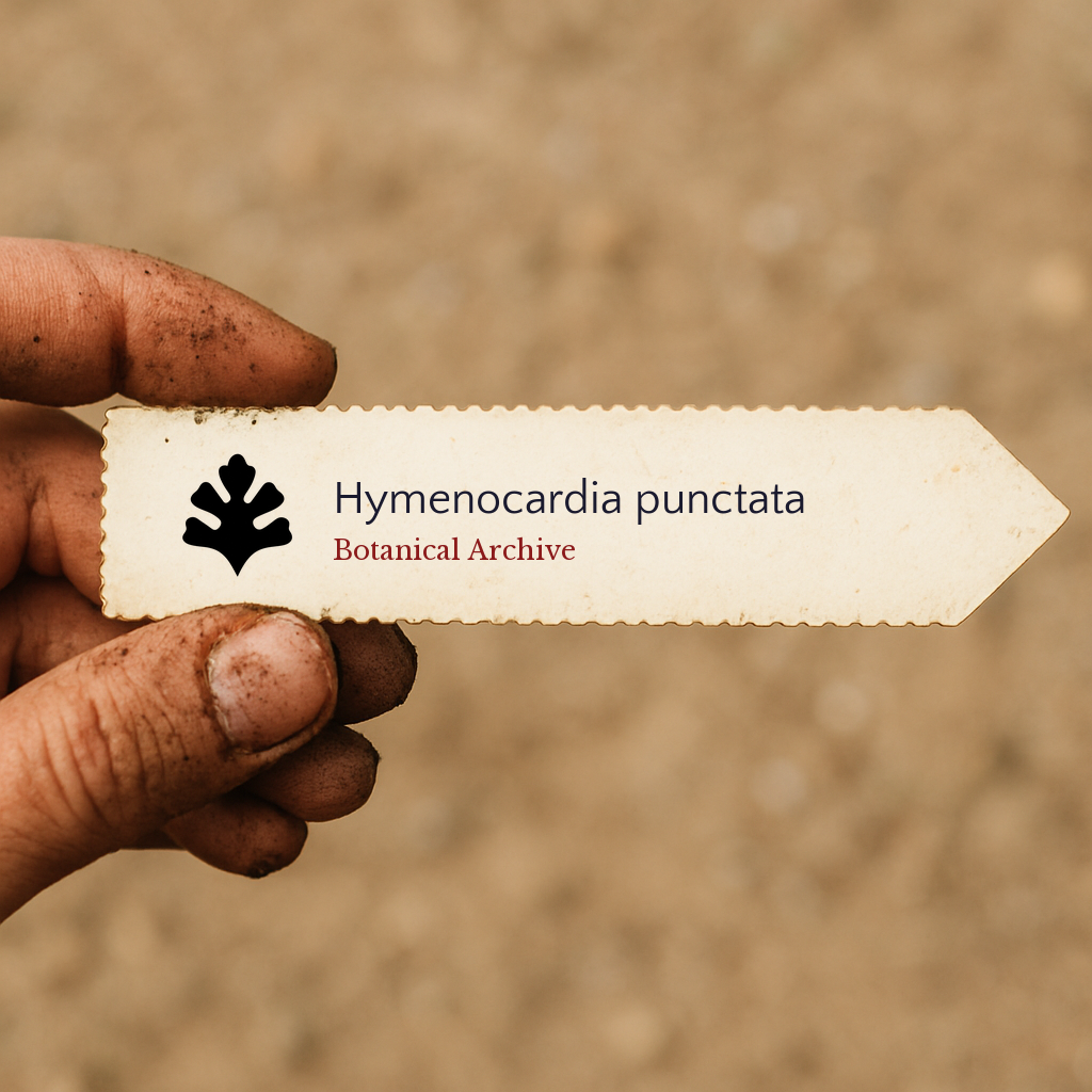 Printed plant label for Hymenocardia punctata held by dirty hand with blurred soil background