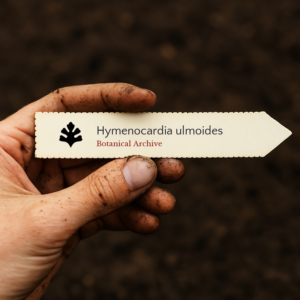 Printed plant label for Hymenocardia ulmoides held by dirty hand over soil background