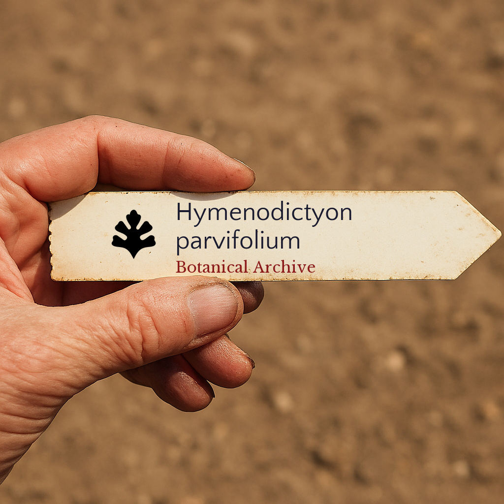 Printed plant label for Hymenodictyon parvifolium held outdoors with soil background
