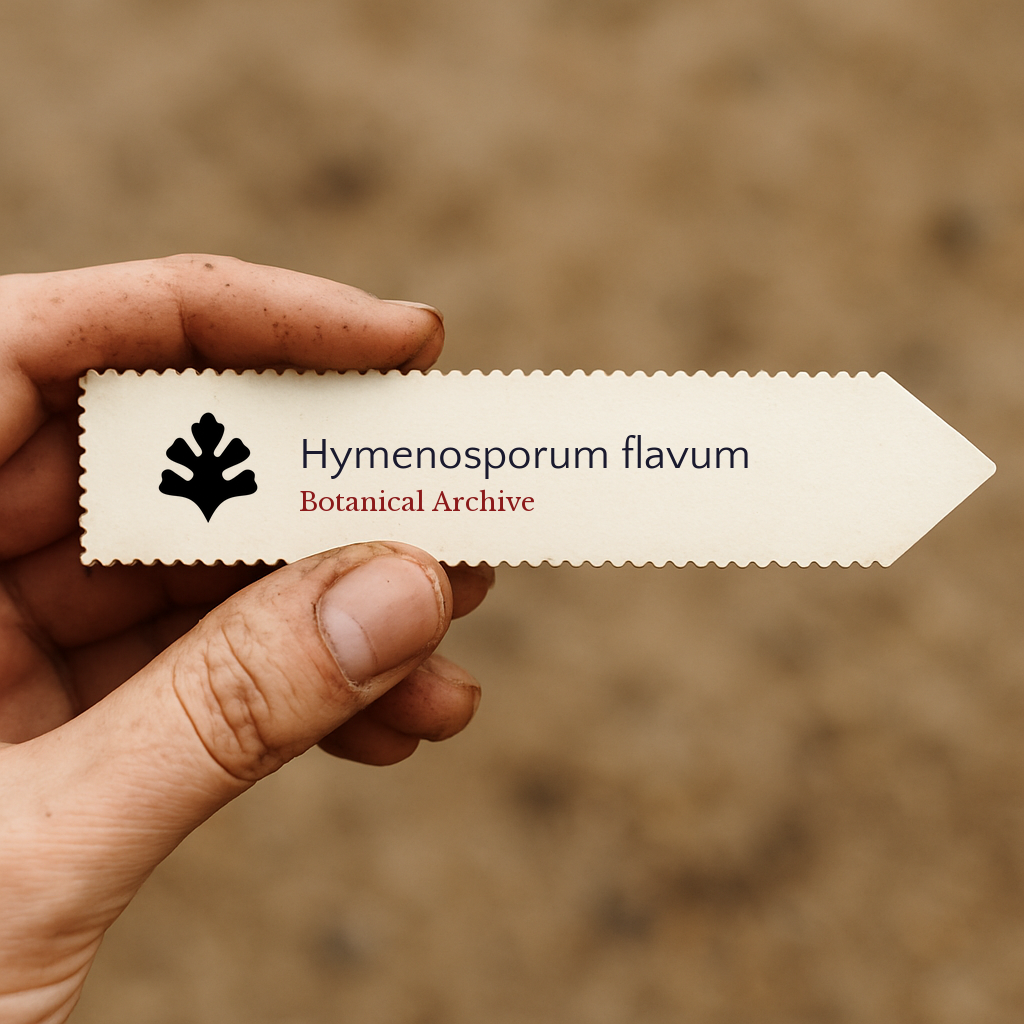 Printed plant label for Hymenosporum flavum held by hand with soil background