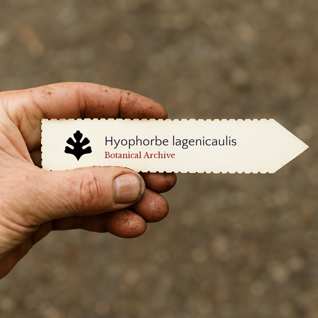 Printed plant label for Hyophorbe lagenicaulis held in gardener's hand with soil background
