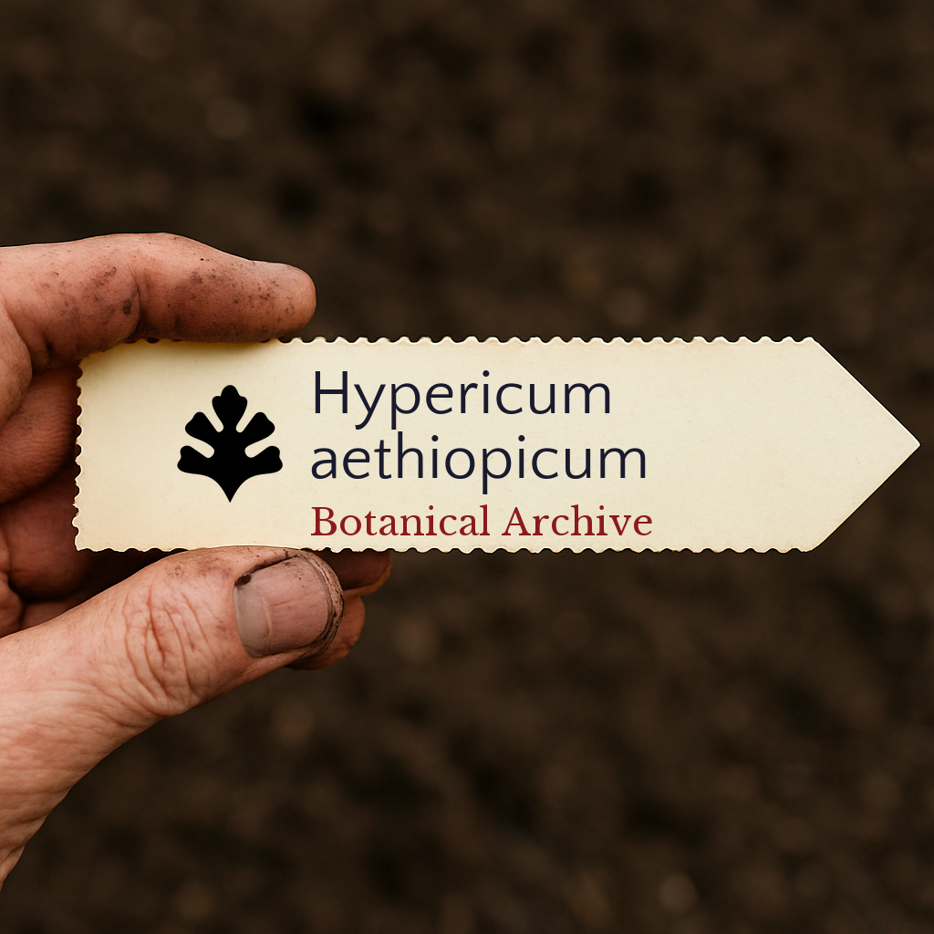 Printed plant label for Hypericum aethiopicum held over soil background
