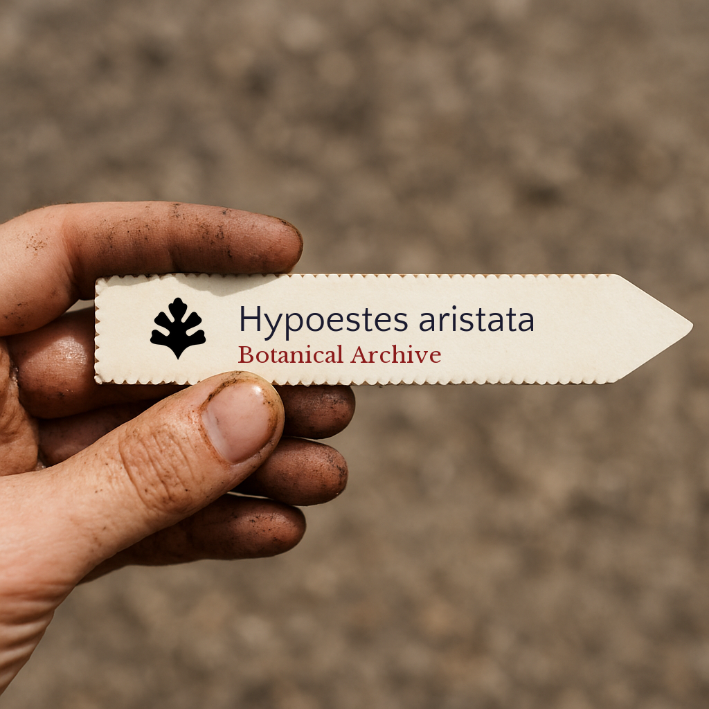 Printed plant label for Hypoestes aristata held by dirty hand against soil background