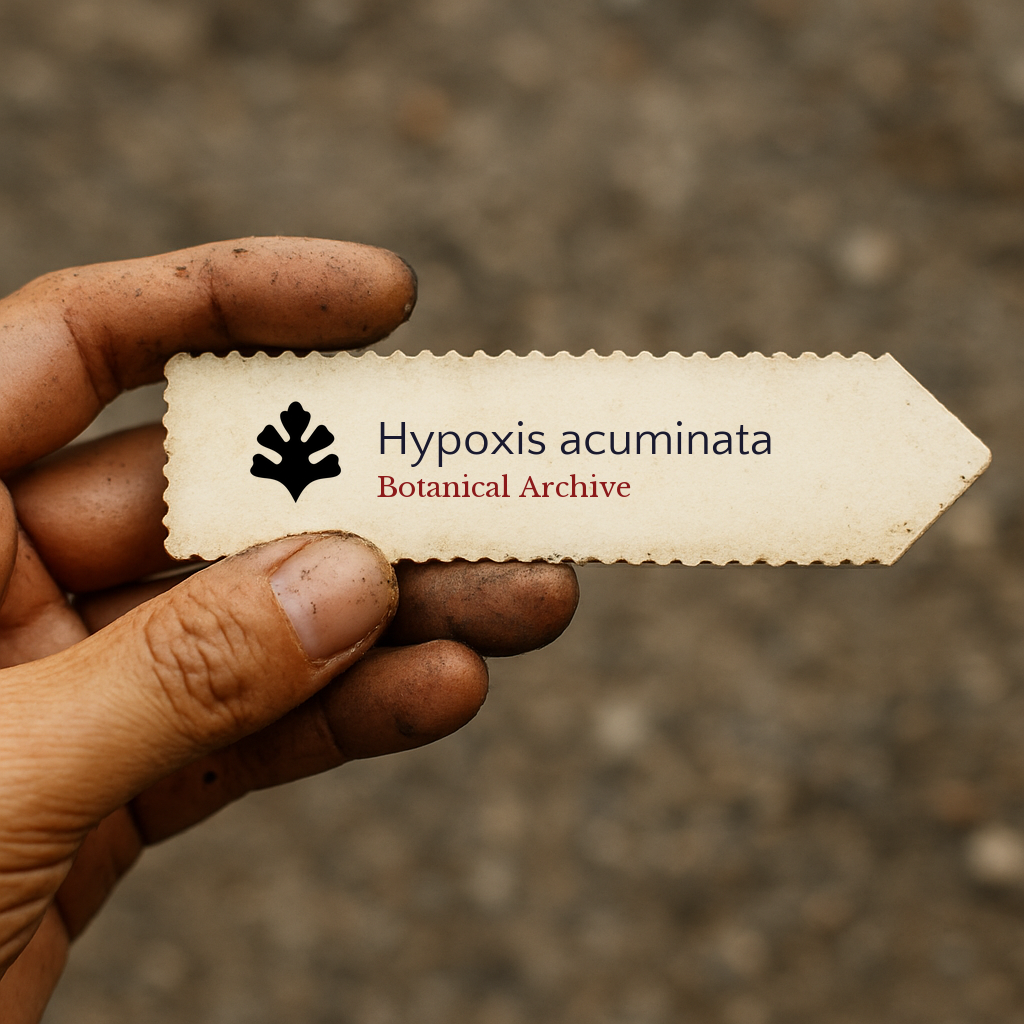 Printed plant label for Hypoxis acuminata held by a dirt-covered hand outdoors
