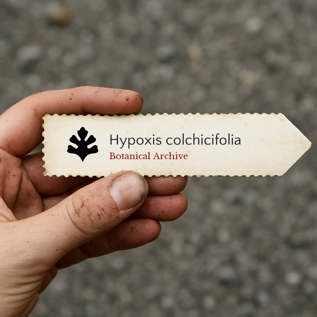 Printed plant label for Hypoxis colchicifolia held by hand with dirt on fingers