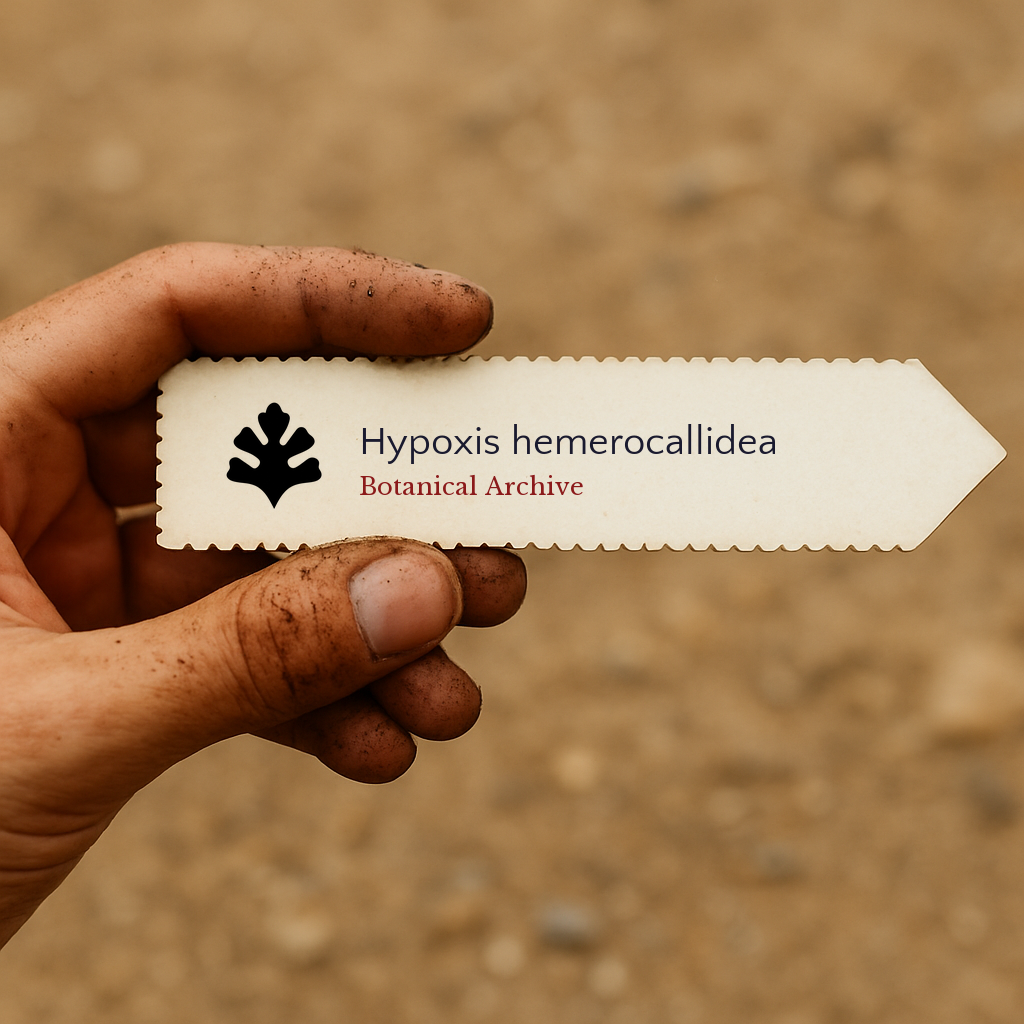 Printed plant label for Hypoxis hemerocallidea held by dirty hand outdoors