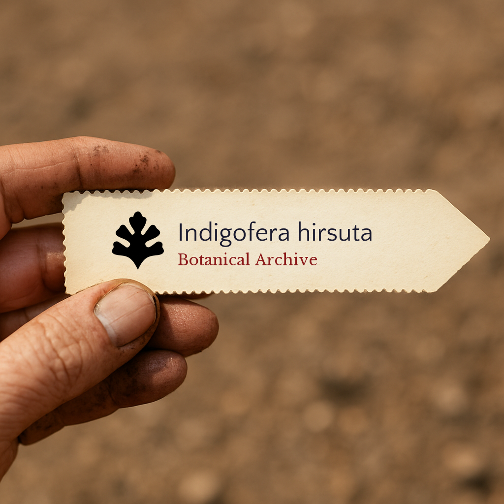 Printed plant label for Indigofera hirsuta with botanical archive logo held by hand