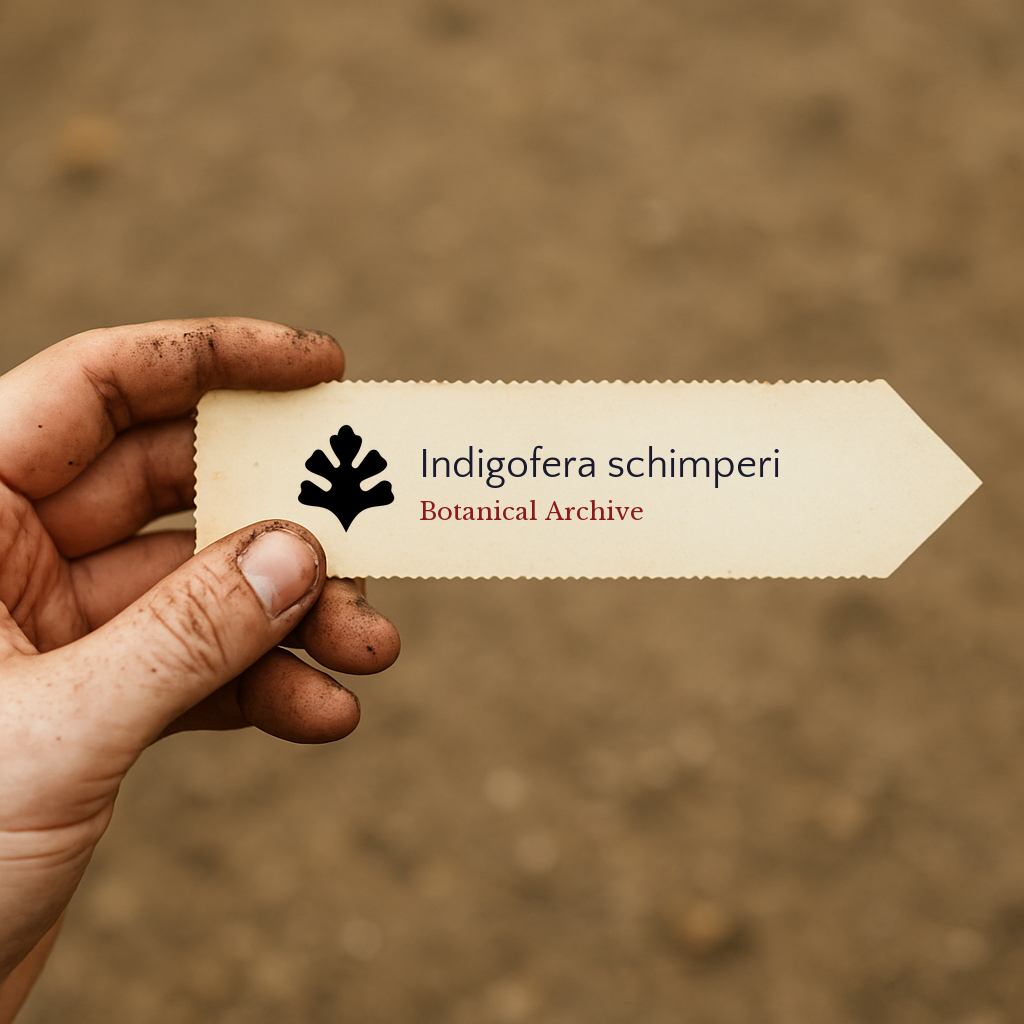 Printed plant label for Indigofera schimperi held by dirty hand against soil background