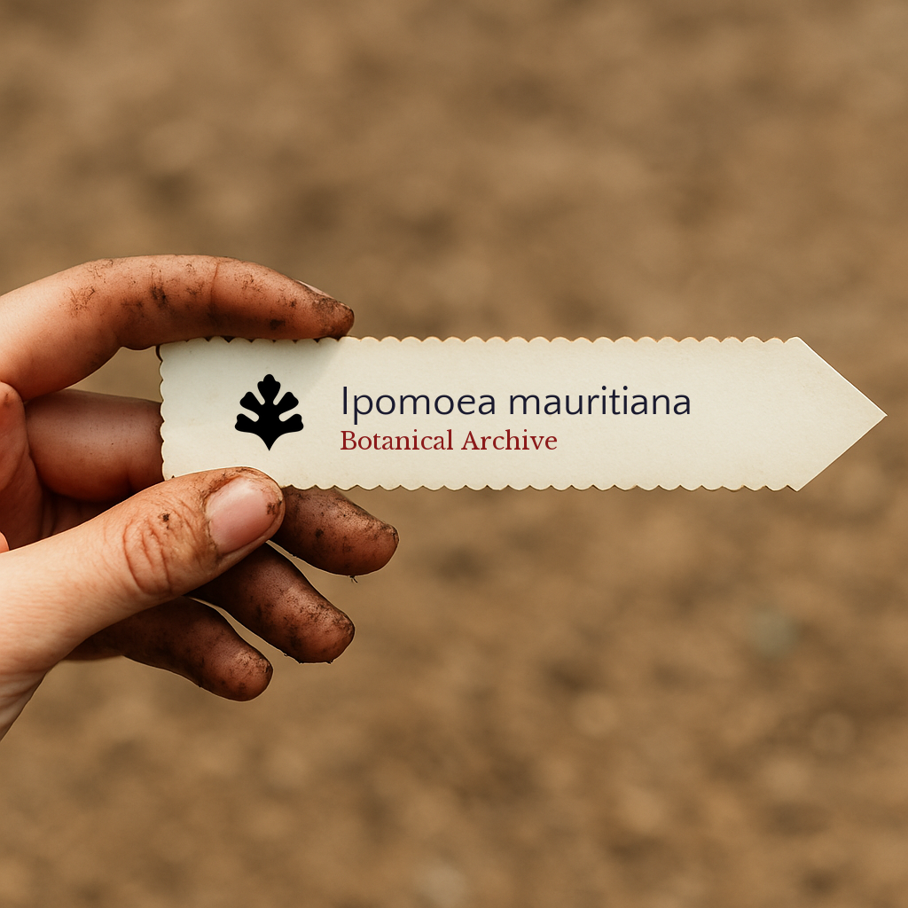 Printed plant label for Ipomoea mauritiana held by dirty hand against soil background