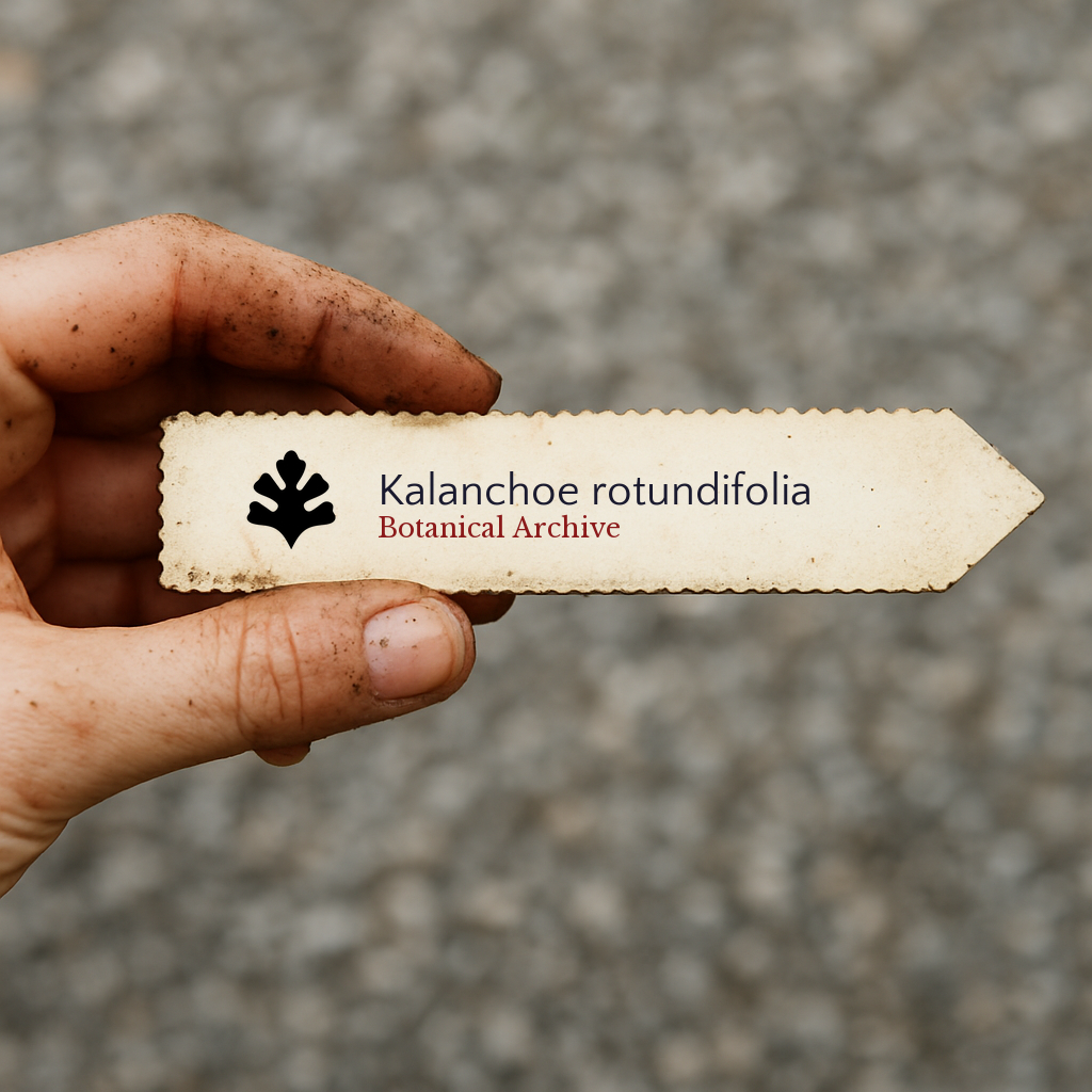 Bedrucktes Pflanzenschild für Kalanchoe rotundifolia, gehalten von einer schmutzigen Hand im Freien