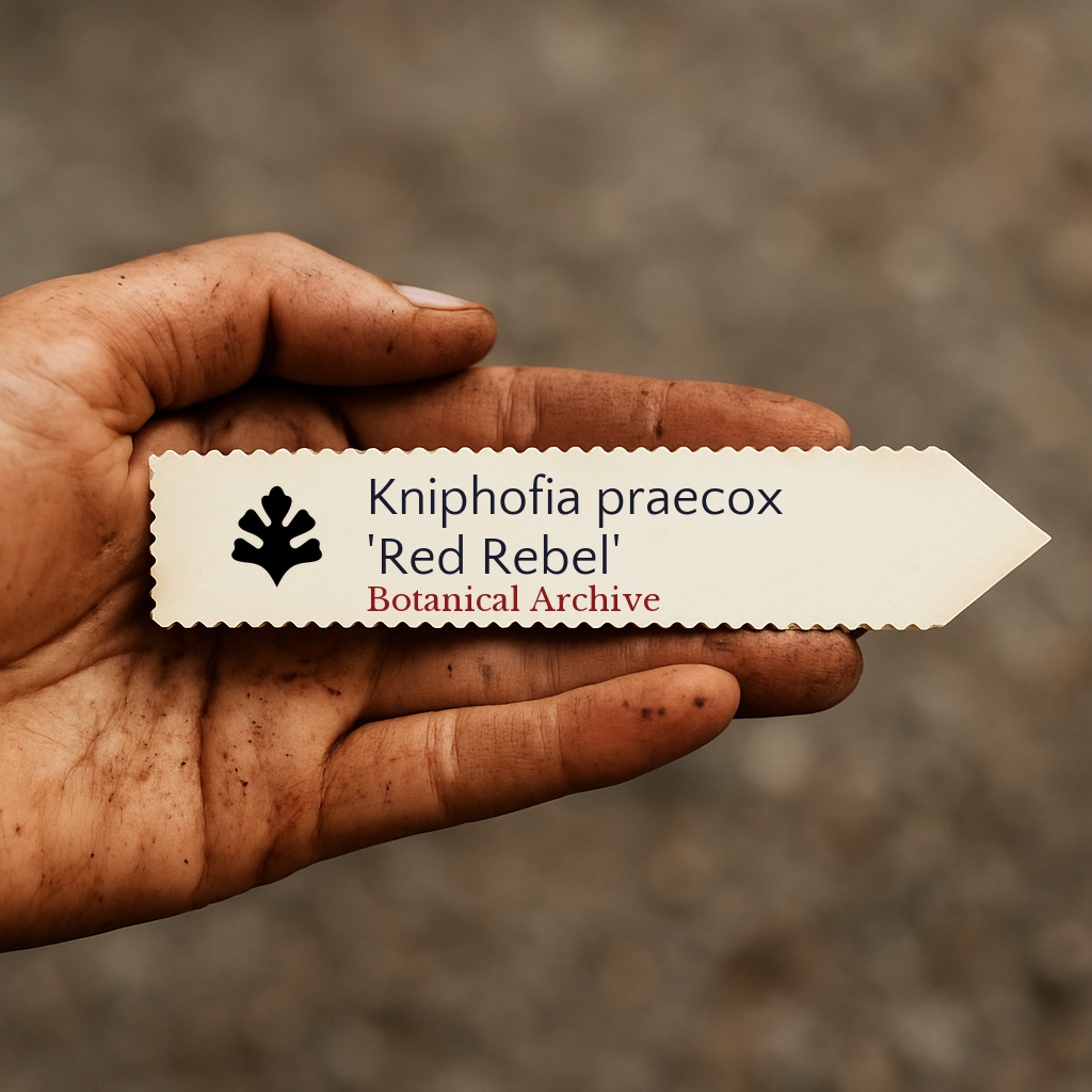 Printed plant label for Kniphofia praecox 'Red Rebel' held in dirty hand outdoors
