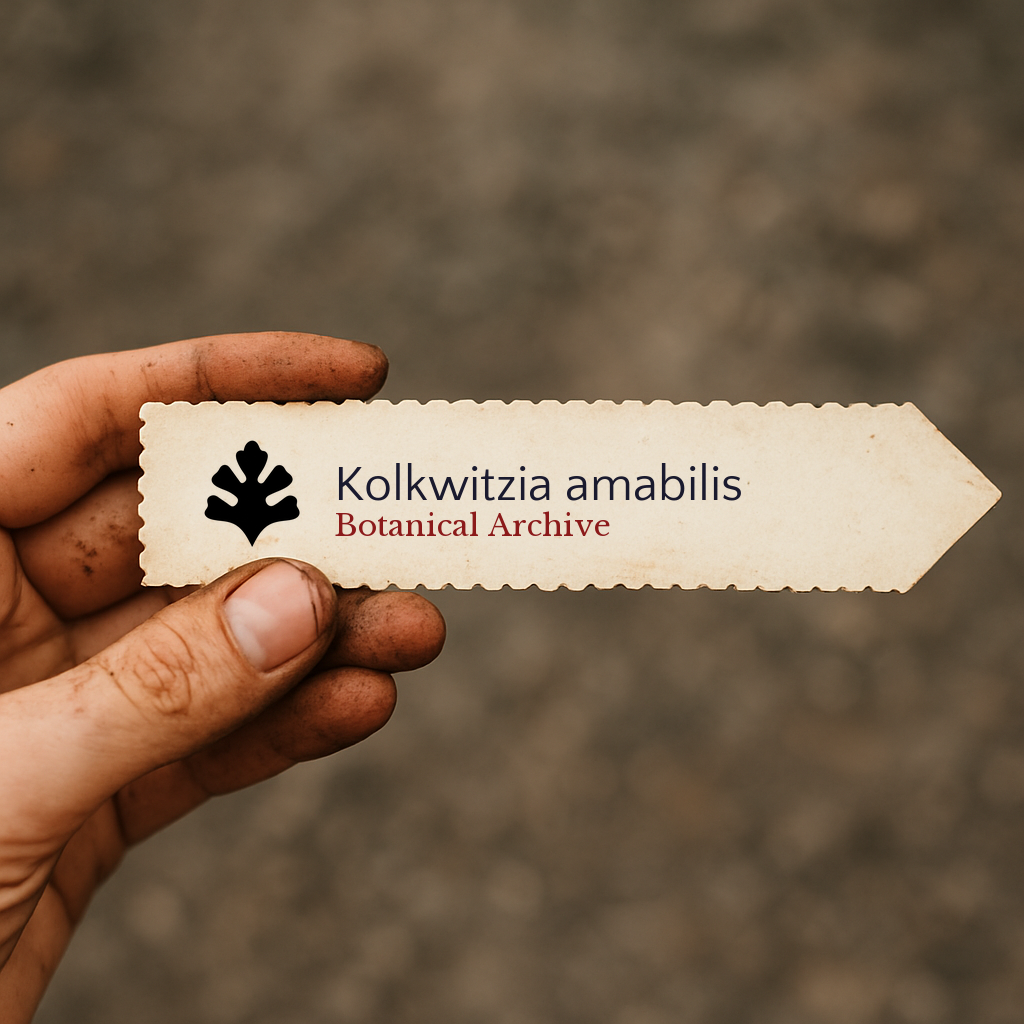Printed plant label for Kolkwitzia amabilis with botanical archive logo held by dirty hand