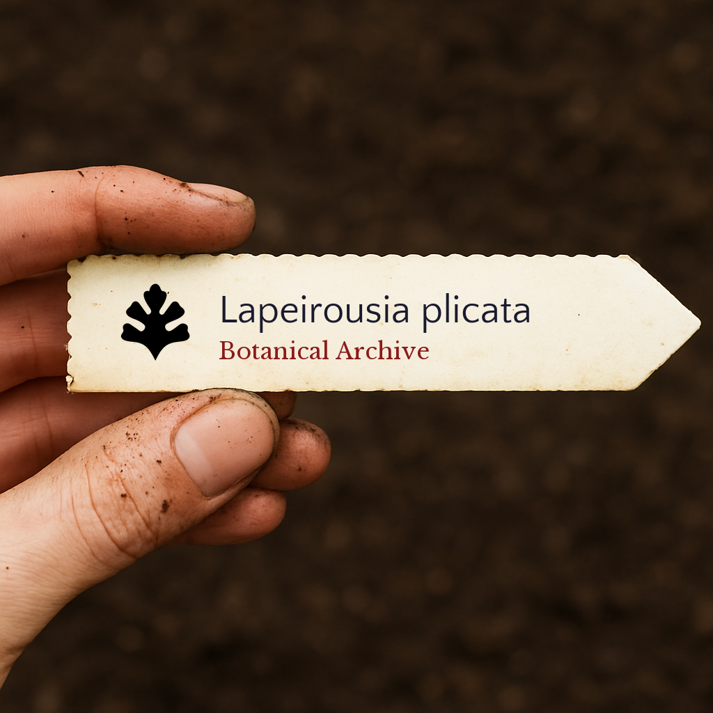 Printed plant label for Lapeirousia plicata held by dirty hand over soil background