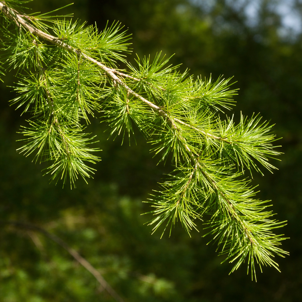Larix gmelinii var. olgensis bright green needle clusters on conifer branch close-up
