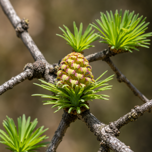 Larix kaempferi young cone with fresh green needle clusters on textured branches