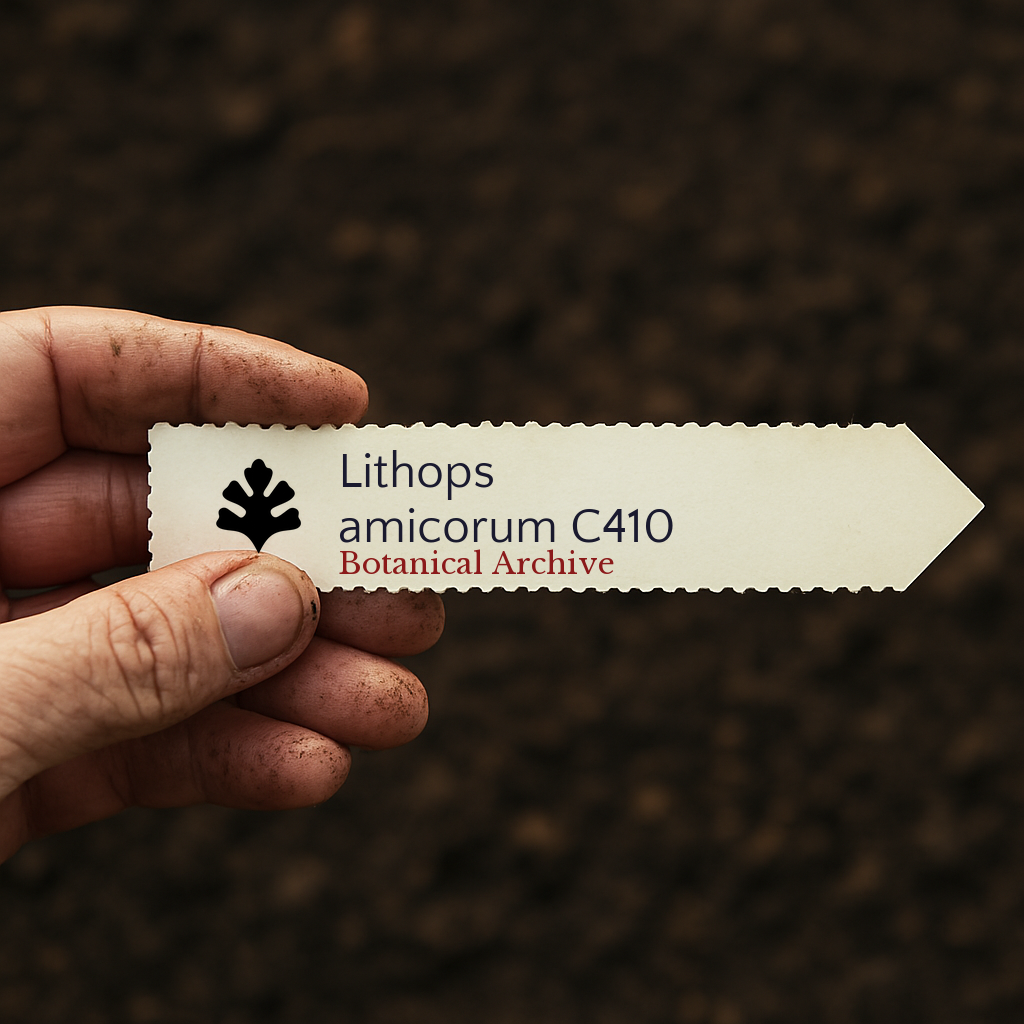 Etichetta stampata per pianta Lithops amicorum C410 tenuta in mano su sfondo di terreno