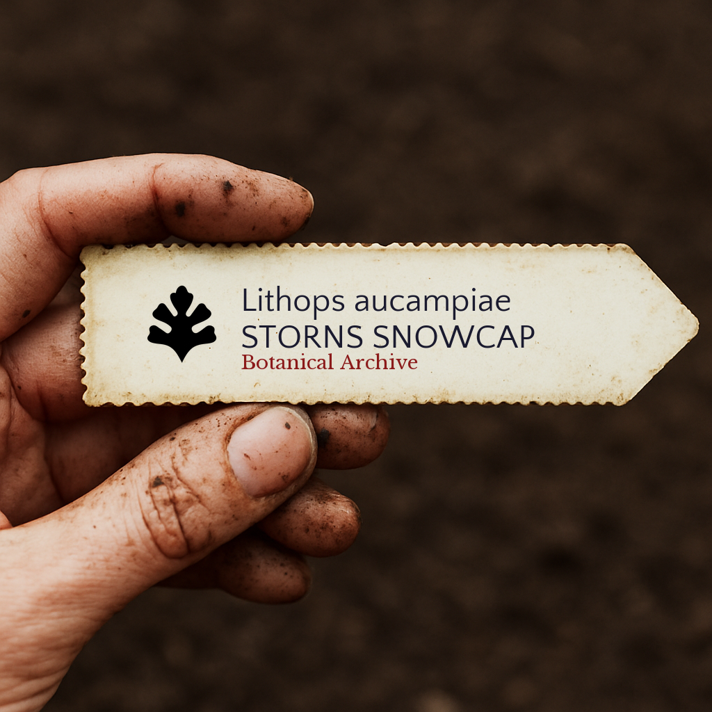 Etichetta per pianta stampata per Lithops aucampiae Storns Snowcap tenuta da mano sporca su sfondo di terreno